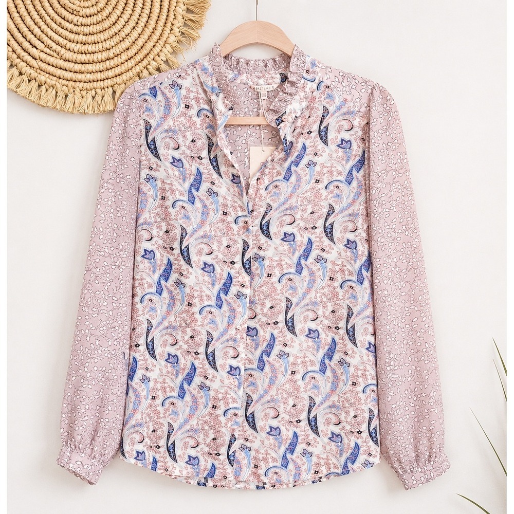 ESQUALO NEW Boho Paisley Mixed Print Long Sleeve Button Front Blouse Top SZ 6